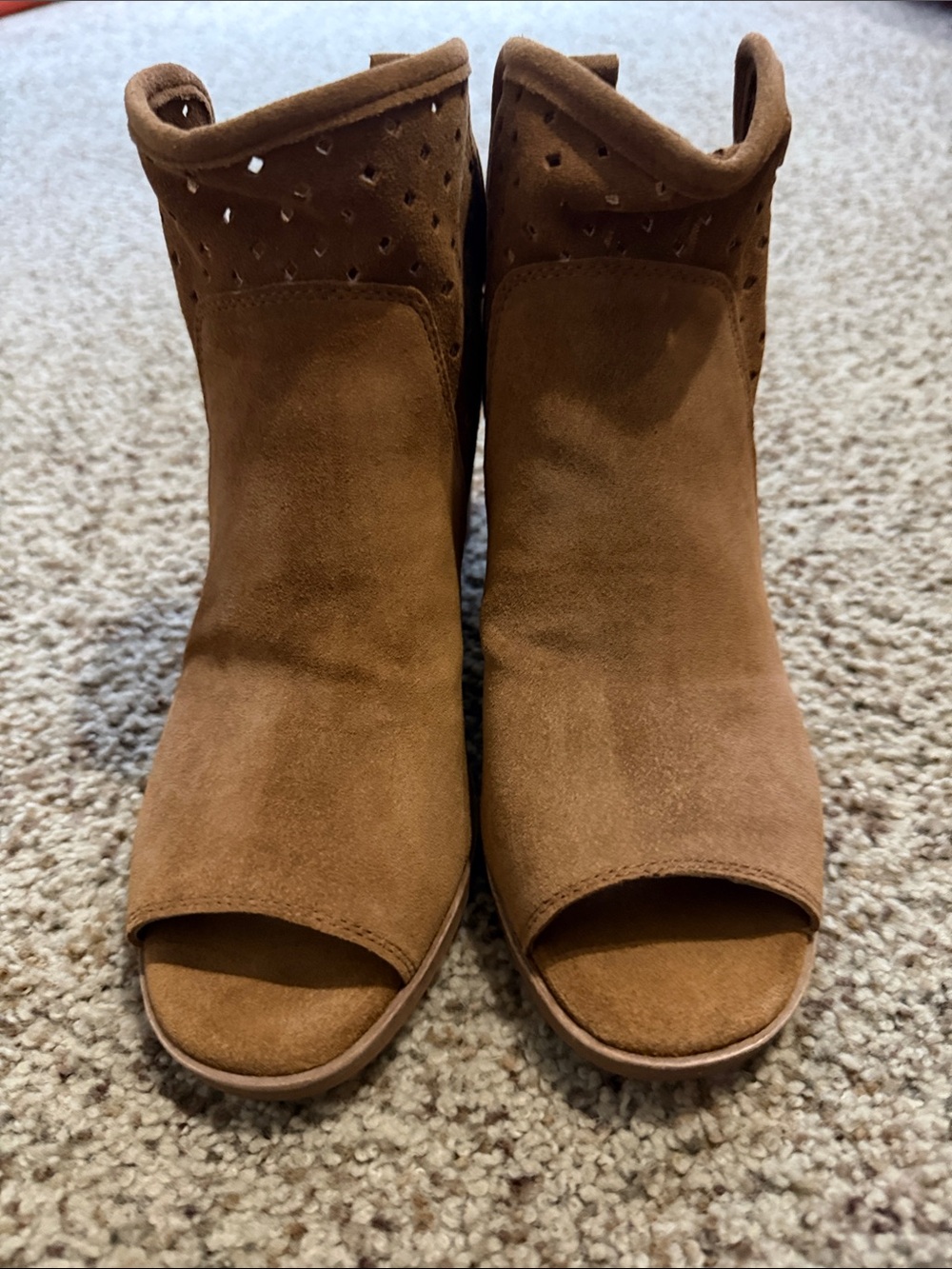 Suede Peep-Toe Mule Booties in Tan